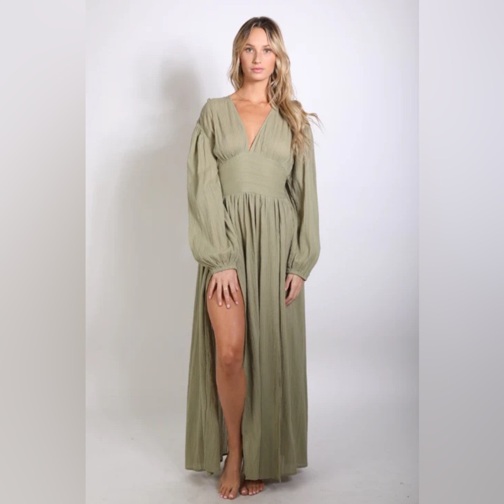 Rusty USA Siloh Textured Slit Maxi Dress L Olive BNWT